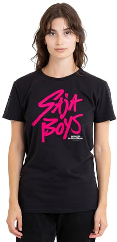 Kpop Demon Hunters Women's K-pop Demon Hunters-Saja Boys Pink Logo Ladies T Shirt, Black