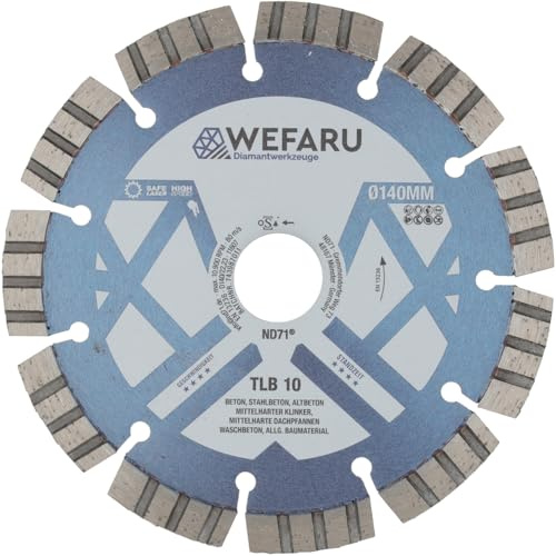WEFARU Diamanttrennscheibe TLB 10 Ø 140 mm – Turbo-Segmente, 22,23 mm Bohrung, 10 mm Segmenthöhe – Profi-Trennscheibe für Beton, Ziegel, Waschbeton, Kalksandstein – Nass- & Trockenschnitt