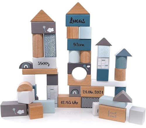 Mainely Personalisierbare Holz-Bausteine 50-teilig (Blau) – fördert Feinmotorik & Kreativität – für Kinder ab 2 Jahren – personalisiert mit Namen & Geburtsdaten – Label Label