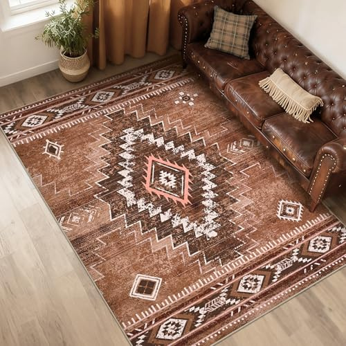 Alishomtll Teppich Läufer, Vintage Geometrisch Teppich Braun 140x200 cm | Rutschfest Kurzflor Küchenteppich, Weich Waschbar Flurläufer für Wohnzimmer Schlafzimmer Arbeitszimmer Küche Eingang
