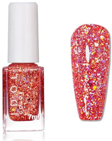 Red Glitter Nail Varnish - Burgundy Sparkly Nail Polish - 60 Seconds nail Polish Quick Dry - Extra Shiny Reflective Nail Varnish Iridescent Shine, No Chip Long Lasting for Women DIY Manicure at Home