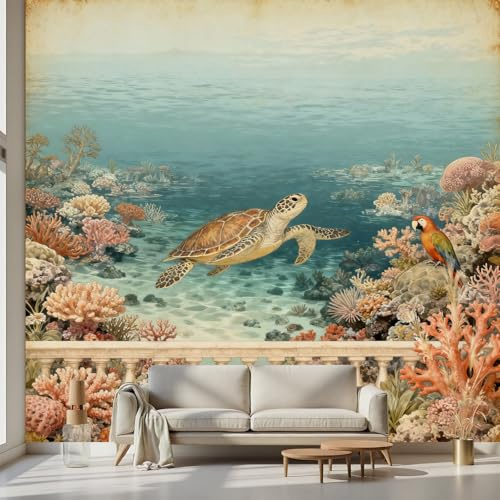 Kioldoq Schildkröte Meer Vlies Fototapete 150 x 200 cm, Tier Koralle Foto Tapete Schlafzimmer Wohnzimmer, Unterwasserwelt Motivtapeten Selbstklebende Wandtapete Wand Dekoration