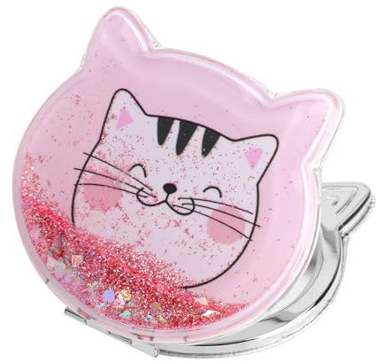 XRVRILE Taschenspiegel Klappbar, Katze Mirror, Mini Handspiegel, Rosa Doppelseitig Schminkspiegel Kompaktspiegel für Reisen Camping (7cmx 7.5 cm)