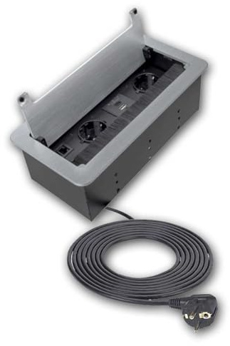 Tisch-Einbausteckdose INBOX aus Edelstahl – 2x Steckdose, 2x USB (A+C), HDMI, RJ45 – versenkbar mit Bürstendichtung und 1,5 m Kabel