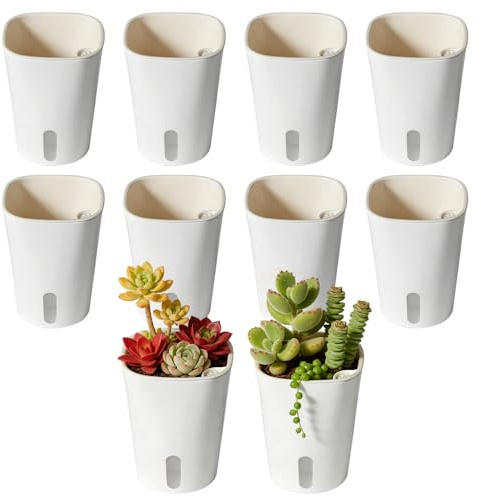 Pengrity 10PCS Self Watering Plant Pots Indoor, 7.5 cm Self Watering Pots with Drainage Holes Sauce, Visual Water Level Window, Self Watering Planters for Indoor Outdoor, White