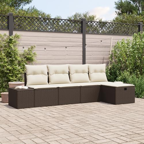 ZQQLVOO 5-TLG. Garten-Sofagarnitur mit Kissen Braun Poly Rattan Eckcouch Set für Balkon und Terrasse mit Stauraum und wasserabweisendem PE-Geflecht