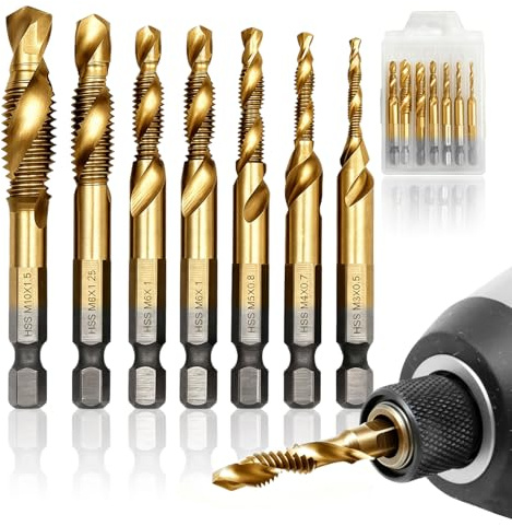 Juego de 7 Brocas para Metal HSS 2-en-1 con Macho de Roscar Integrado | M3/M4/M5/M6/M8/M10, Recubierto de Titanio, Brocas con Macho de Roscar,Brocas Metal con Vástago Hexágono 1/4, Juego de Brocas