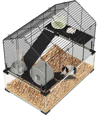 Aptliton Cage pour hamster en verre et métal, pour petits animaux avec accessoires, 2 plateformes, 2 échelles, roulettes, gourde - Maison pour rongeurs en verre de sécurité de 6 mm pour gerbilles