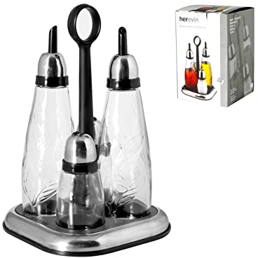 Home Set Menage mit Ständer und Verchromten Stöpsel, Glas, Transparent, 4 Stück