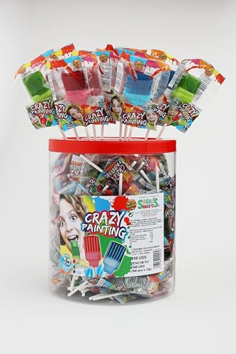 Piruleta pintalenguas. Caramelo con palo en forma de brocha. Bote de 100 unidades con envuelta individual. Sabores surtidos: Cola/Sandía/Cereza