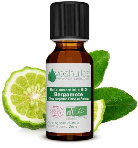 Huile Essentielle BIO de Bergamote - 100% Pure et Naturelle - HEBBD et ECOCERT - Huile Essentielle aux Nombreuses Vertus et Applications 10ml - VOSHUILES