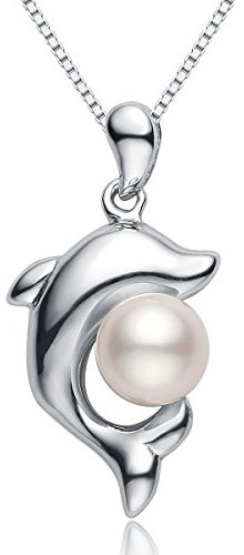 VIKI LYNN Damen Kette Delphin Perlen Kette Silber 925 Halskette mit Delphin 6-7 mm Suesswasser Perlen Anhaenger
