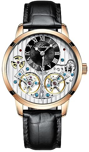Herren Automatik Uhren Skelett Ailang Serie Lederband Männer Armbanduhr (Gold Silber Schwarz)