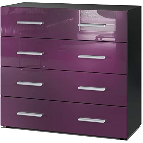 Vladon Sideboard Pavos, Kommode mit 4 Schubladen, Schwarz matt/Brombeer Hochglanz (76 x 72 x 35 cm)