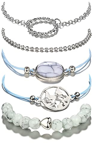 Edary Armband-Set mit weißes Herz-Armband, Türkis mit Herz, Perlen-Handkette, verstellbar, für Damen und Mädchen(5 Stück)