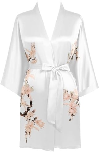BABEYOND Satin Kimono Dressing Gown Short Floral Printed Kimono Robe Long Knee Length Kimono Dress Cover Up for Women Wedding Pyjamas Party