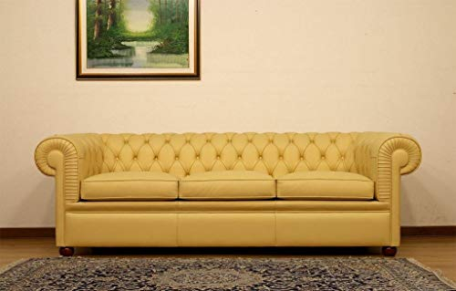 JVmoebel Design Chesterfield Sofa 3-Sitzer Gelb Couch Polster Leder Sofas Wohnzimmer Neu