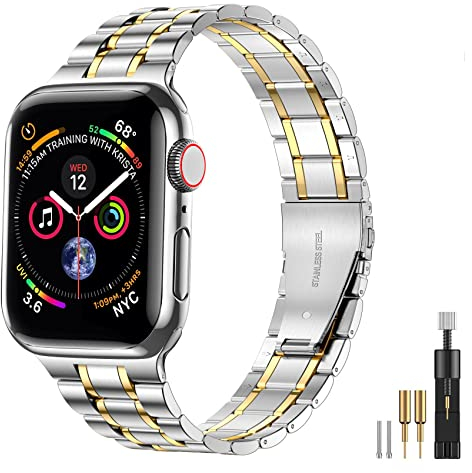 MioHHR Solid Stainless Steel Watch Straps Compatible with Apple Watch Strap 41mm 40mm 38mm, Metal Band for iWatch Series 9 8 7 6 5 4 3 2 1 SE,Men(Silver/Gold)