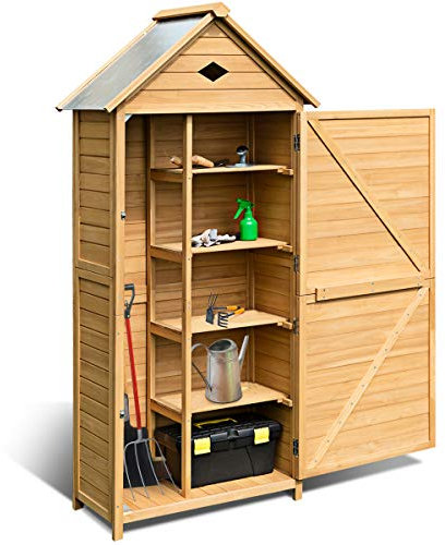 GIANTEX Armoire de Jardin en Bois à 5 Etagères, Abri de Jardin pour Outils, Verrouillable, Porte-Outils de Jardin avec Toit en Tôle, 176 x 70 x 36 cm