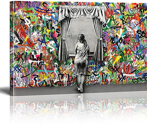 MJEDC Banksy Bilder Leinwand Woman Window Edge Graffiti Street Art Leinwandbild Fertig Auf Keilrahmen Kunstdrucke Wohnzimmer Wanddekoration Deko XXL 30x40cm(11.8x15.7inch)