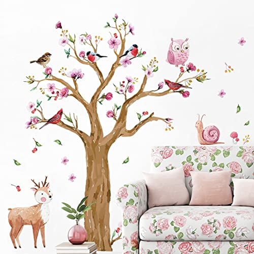 WandSticker4U®- [Extra groß] Riesige Wandtattoo BAUM Kinderzimmer aquarell XXL (145x170 cm) I Wandsticker Baum groß Blumen Waldtiere I Wandaufkleber Kinderzimmer Deko Mädchen & Junge