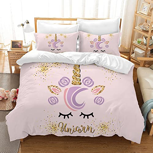 HZVRTN Kinder Bettwäsche Einhorn Bettwäsche Set für Mädchen, Soft Mikrofaser Bettbezug mit Reißverschluss Kissenbezug, 3D Einhorn Cartoon Bettwäscheset (200x200cm, Flash Gold Einhorn)
