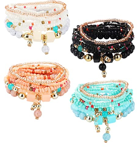 YADOCA 4 Sets Böhmische Stretch Perlen Armbänder für Damen Mädchen Mehrreihiges Beads Armband Stapelbar Armband Set Multicolor Schmuck