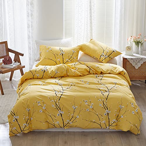 OLDBIAO Bettwäsche 2er Set Mikrofaser Bettbezug 155x220 cm und Kissenbezug 80x80 cm, Ästhetisch Blume Zweig Design, Dunkel Gelb Bettdeckenbezug Bettdecke Cover mit Reißverschluss