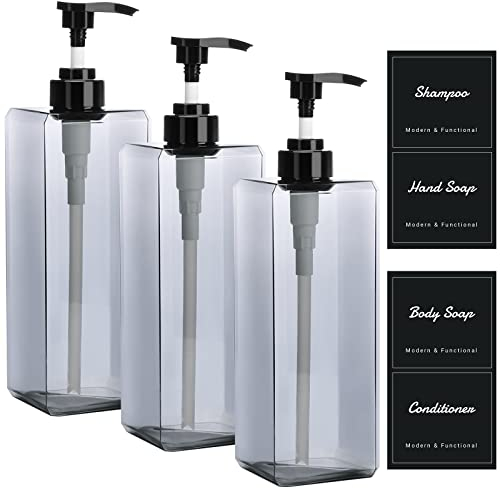 Suream Nachfüllbare Shampoo-Flaschen für Dusche, 3 Packungen, 1000 ml, großer leerer Pumpspender mit 4 Etiketten für Shampoo, Körperseife, Handseife, Conditioner, für Badezimmer, Küche, Salon, Spa
