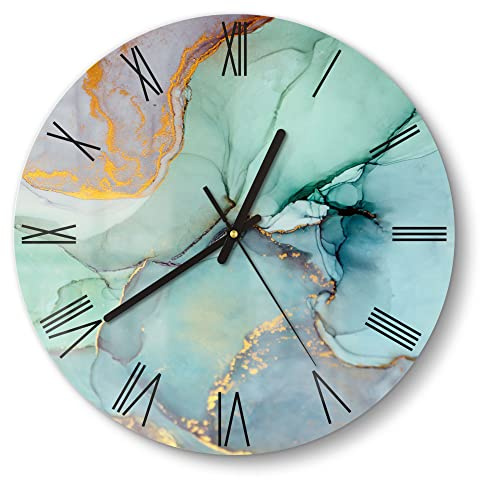 DEQORI Glasuhr | rund Ø 30 cm | Motiv Zerlaufene Wasserfarbe | ausgefallene leise Design Uhr aus Glas | Wanduhr für Wohnzimmer & Küche | moderne Hingucker Uhr für die Wand