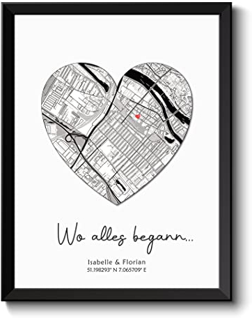 Poster Stadtplan als Herz | Personalisiertes Bild Wo alles begann | Geschenk Partner Hochzeit Jahrestag Hochzeit | Minimalisticher Stil Schwarz-Weiß Koordinaten