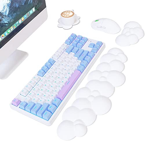 AJAZZ Teclado en la Nube Reposamuñecas y Alfombrilla de ratón Juego de Soporte para muñecas y Posavasos,Espuma viscoelástica de Cuero de PU,Antideslizante,Alivia el Dolor de muñeca,Ergonómico-Blanco
