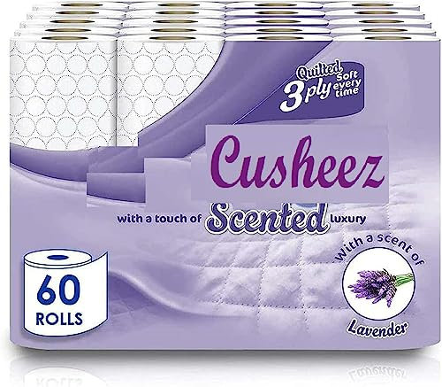 Cusheez Toilet Roll Bulk Buy - Pack of 60 Rolls (1 x 60 Packs) Quilted White 3 Ply Lavender Fragrance Toilet Rolls (1 Pack- 60 Rolls)