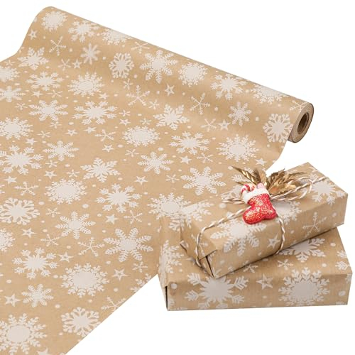 Codkkre Geschenkpapier Weihnachten Christmas Paper 44cm x 15m, recyclebares ECO Brown Kraft Geschenkpapier Rolle für Geschenkverpackung & Partydekoration,Schneeflocke