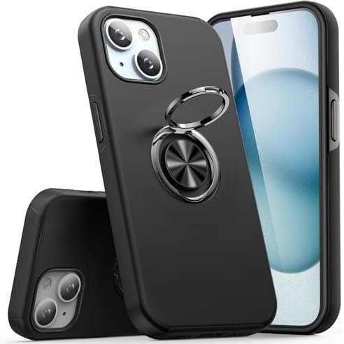 KRAFTCARE Case Compatible for iPhone 15 Case with Kickstand Ring, Upgrade Shockproof and Anti Scratch 360° Magnetic Ring Holder Stand Protective Phone Case Cover Compatible for iPhone 15 - Black