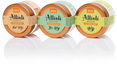 Salsa aioli Spagnola. Confezione da 3 Salse Ali Oli 65 grammi ciascuna. Ali Oli Jalapeño + Ali Oli Artesano + Ali Oli Basilico. Pacchetto Gourmet. Salse gourmet. Prodotto Ibiza. Perfetto tue ricette.