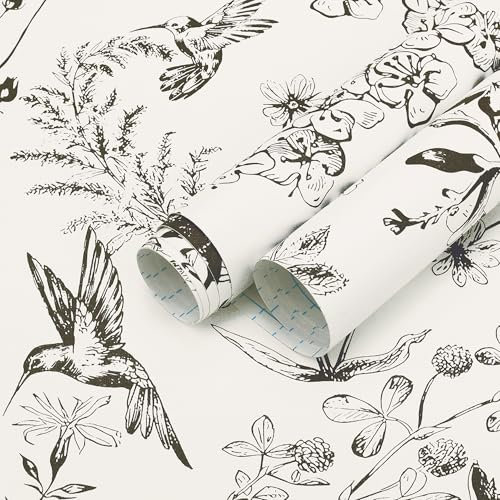 Safiyya Peel and Stick Wallpaper Floral Birds Contact Paper Black and White Wall Paper Peel and Stick Modern Boho Removable Self Adhesive Wallpaper Vinyl Rolls 118x17.3