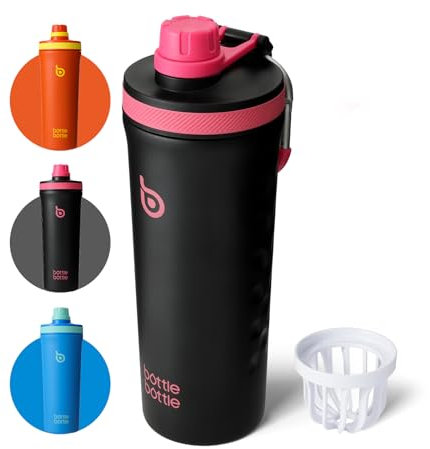 BOTTLE BOTTLE Shaker Edelstahl Trinkflasche 26oz mit Mischkugel – Protein Shaker für Eiweiß & Fitness, BPA-frei, doppelwandig, auslaufsicher, Sportflasche (Schwarz)