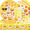 QYEHF Witzig Partygeschirr Set, Cartoon Buchstabenmuster, Geburtstag, Gelb, 61-teiliges Set (20 Tassen, 20 Teller, 20 Servietten, 1 Tischdecke) für 20 Personen