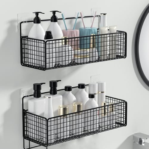 2 hängende Küchenkörbe, kleine Draht-Aufbewahrungskörbe mit spurlosem Aufkleber, Küche, Lebensmittel, Speisekammer, Badezimmer, Regal, Aufbewahrung, ohne Bohren, Wandmontage (Schwarz)