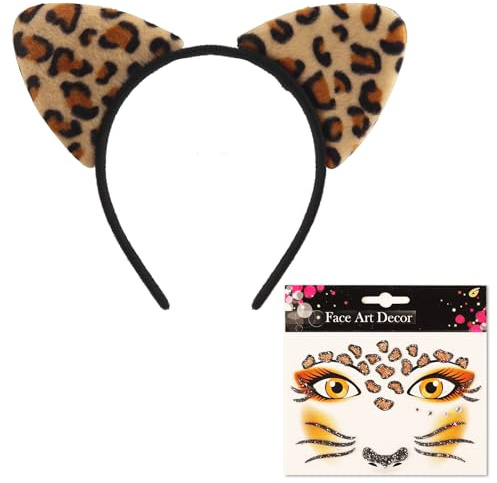 Paxrmuky Leopard Ohr Katze Ohr Stirnband mit Fell braun Leopard,Gesicht gedruckte Aufkleber, Katze Ohr Kostüme für Mädchen und Frauen, Geburtstagsparty Dekorationen, Halloween Karneval