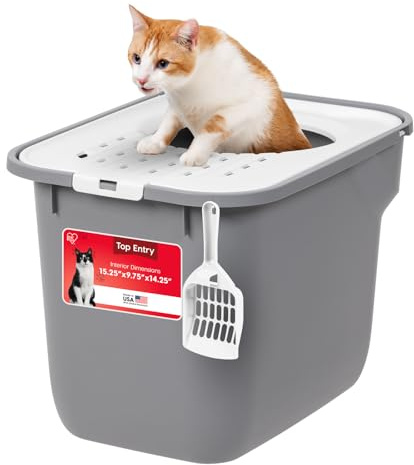 IRIS USA Cat Litter Box, Large Cat Box Enclosure, Top Entry with Litter Catching Lid, Enclosed with Scoop, Gray/White