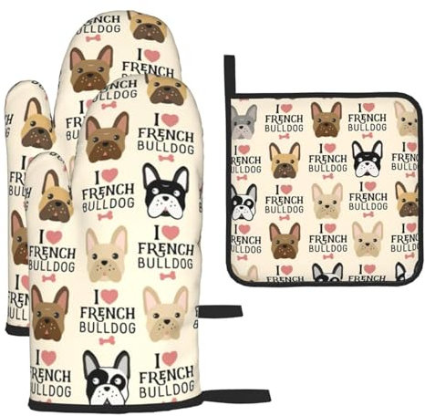 Juego de 3 manoplas de horno y soportes para ollas de Navidad para perros franceses, regalo de cocina resistente al calor para cocinar