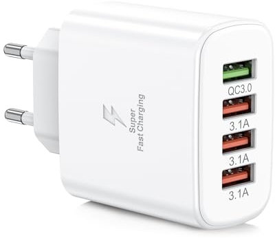 Amoner USB A Adapter,18W Ladegerät mit 4 Ports,4-Fach Schnellladegerät (Netzteil PD 3.0 + 3×USB-A),Stecker Kompatibel mit iPhone 16/15/14 Pro Max, Samsung Galaxy, iPad,Handys