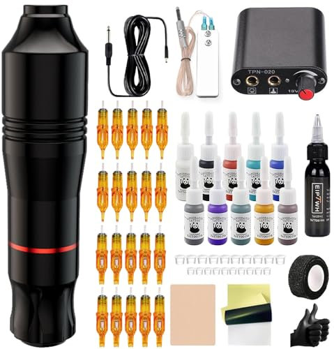 FONPOO maquina de tatuar kit completo, máquina de tatuar para principiantes, kit tatuaje completo con 20 agujas de cartucho y 10 colores de tinta de tatuaje