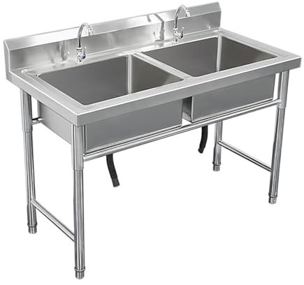 RAPGACBQ éVier Autoportant en Acier INOX 2 Bacs, Evier Commercial sur Pied, Evier Cuisine Multifonction, pour ExtéRieur, Cuisine, Garage Et Restaurant,100x50x80cm