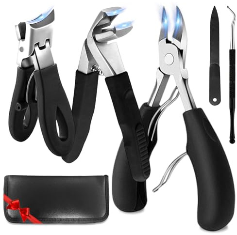 Toenail Clippers for Thick & Ingrown Nails, Heavy Duty Angled Head Toe Nail Clippers for Seniors and Men, Wide Opening Slanted Nail Cutter with Long Handle, Ultra Sharp Professional Pedicure Kit, 5PCS