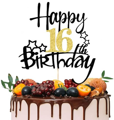 Torytoe Tortendeko 16 Geburtstag, Happy 16th Birthday Cake Topper Kuchen Topper 16 Geburstagstorte Deko für Junge Mädchen (Schwarzes Gold)