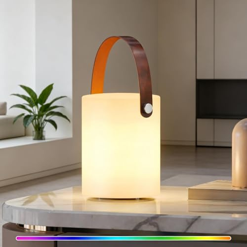 FUYO Outdoor Lanterns, Cordless Rechargeable Table Lamp, RGB LED Night Lights with Remote, IP44 Water-Resistant Camping Lamp for Patio, Camping, Garden, Dining Room (Leather Handle)