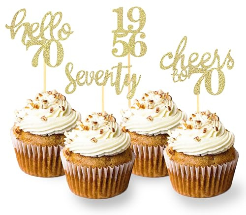 24 Pcs Glitter 70th Birthday Decoration Cupcake Toppers (Gold-1956) | Seventy Years Old Birthday Decorations, 70th Anniversary Party Supplies, 1956 Cupcake Picks